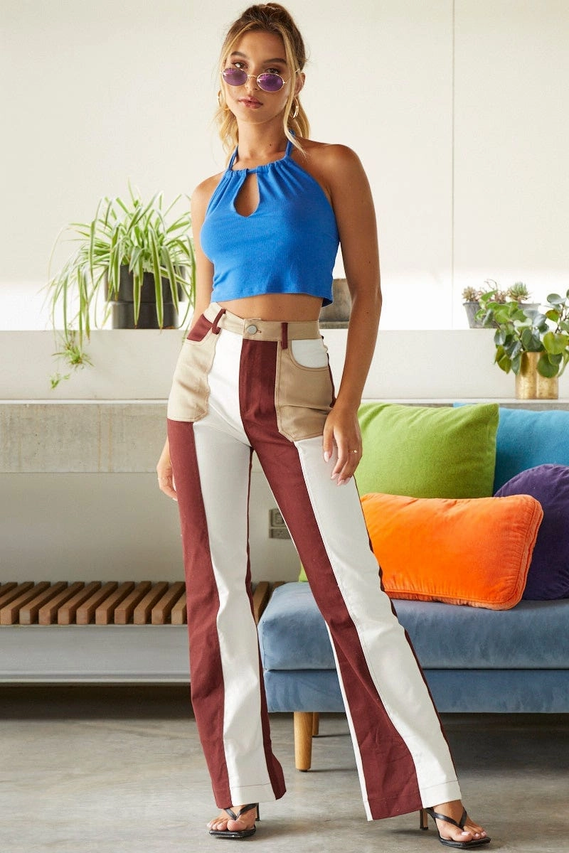 Blue Keyhole Hole Halter Neck Top