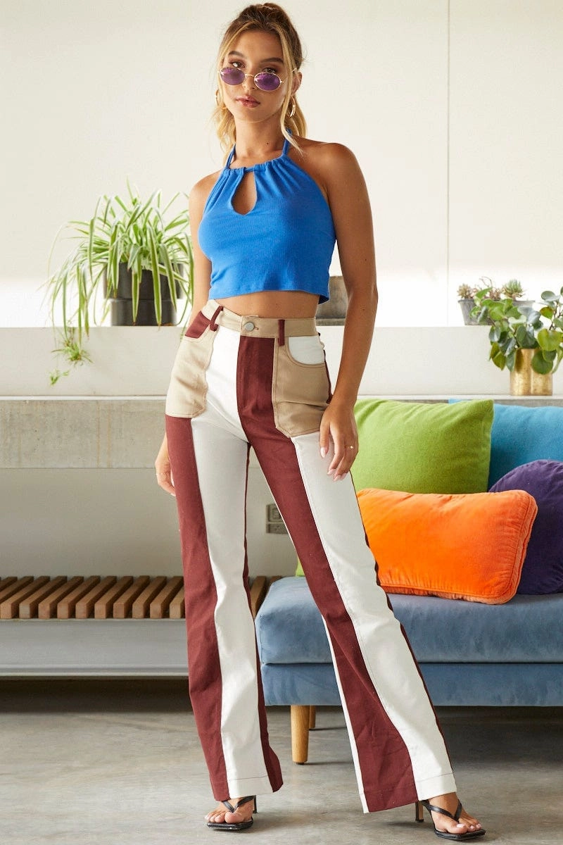 Blue Keyhole Hole Halter Neck Top