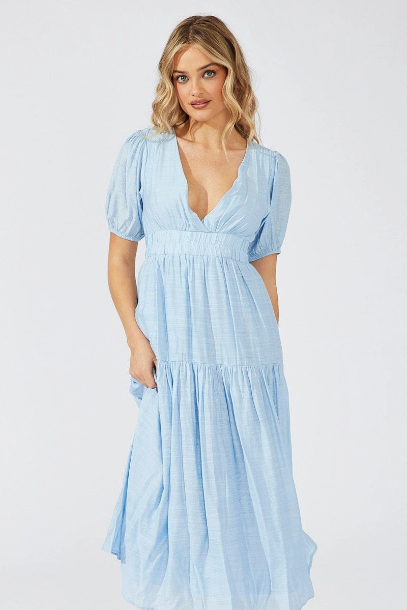Blue Maxi Dress Puff Sleeve