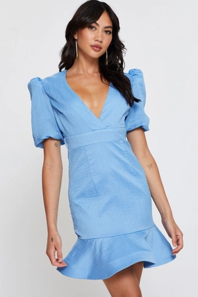 Blue Mini Dress V Neck