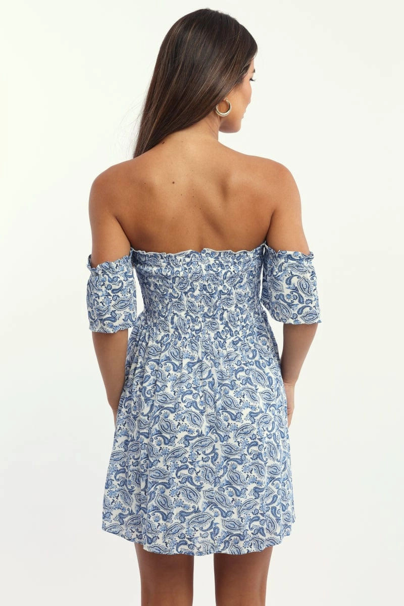 Blue Paisley Mini Dress Off Shoulder