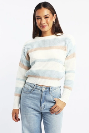 Blue Stripe Knit Top Long Sleeve Color Block