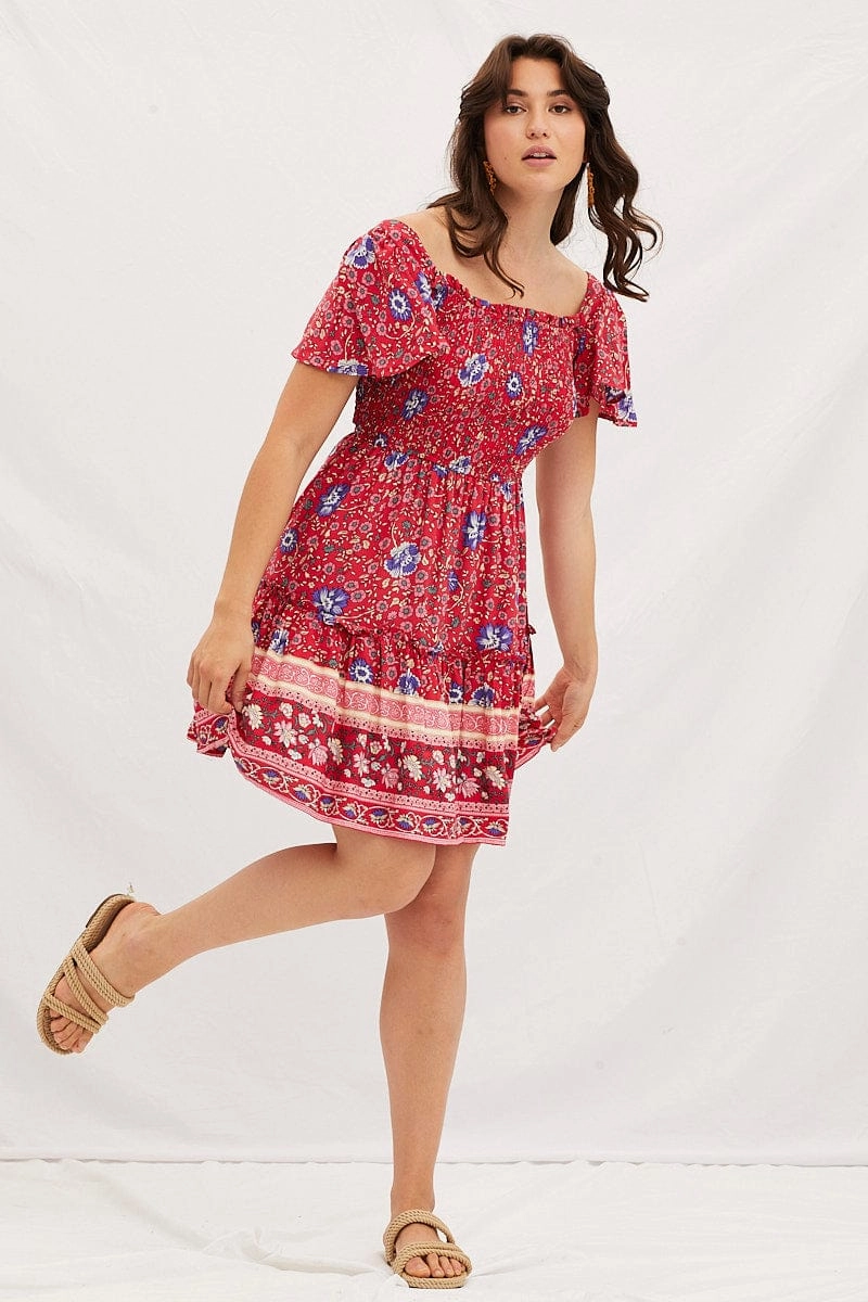 Boho Print Square Neck Short Sleeve Skater Dress