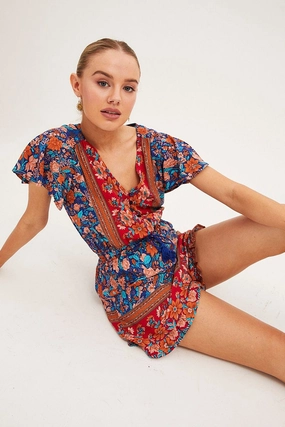 Boho Print V-Neck Playsuit Short Sleeve
