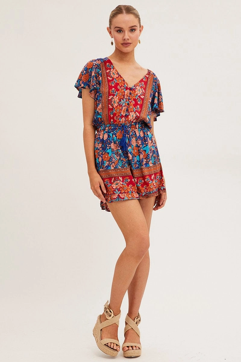 Boho Print V-Neck Playsuit Short Sleeve