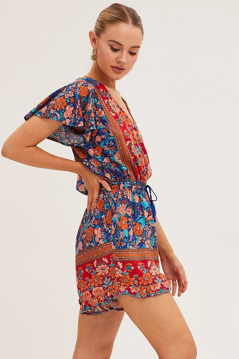 Boho Print V-Neck Playsuit Short Sleeve