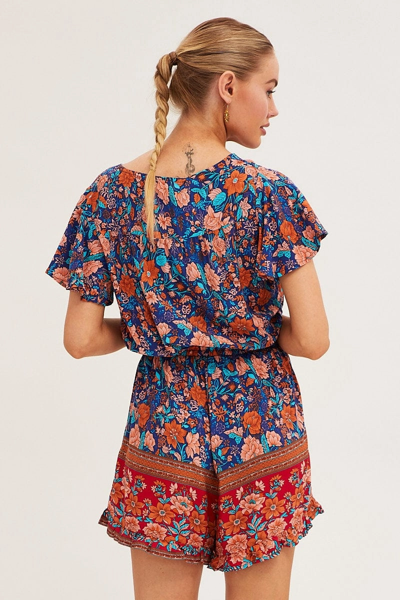 Boho Print V-Neck Playsuit Short Sleeve