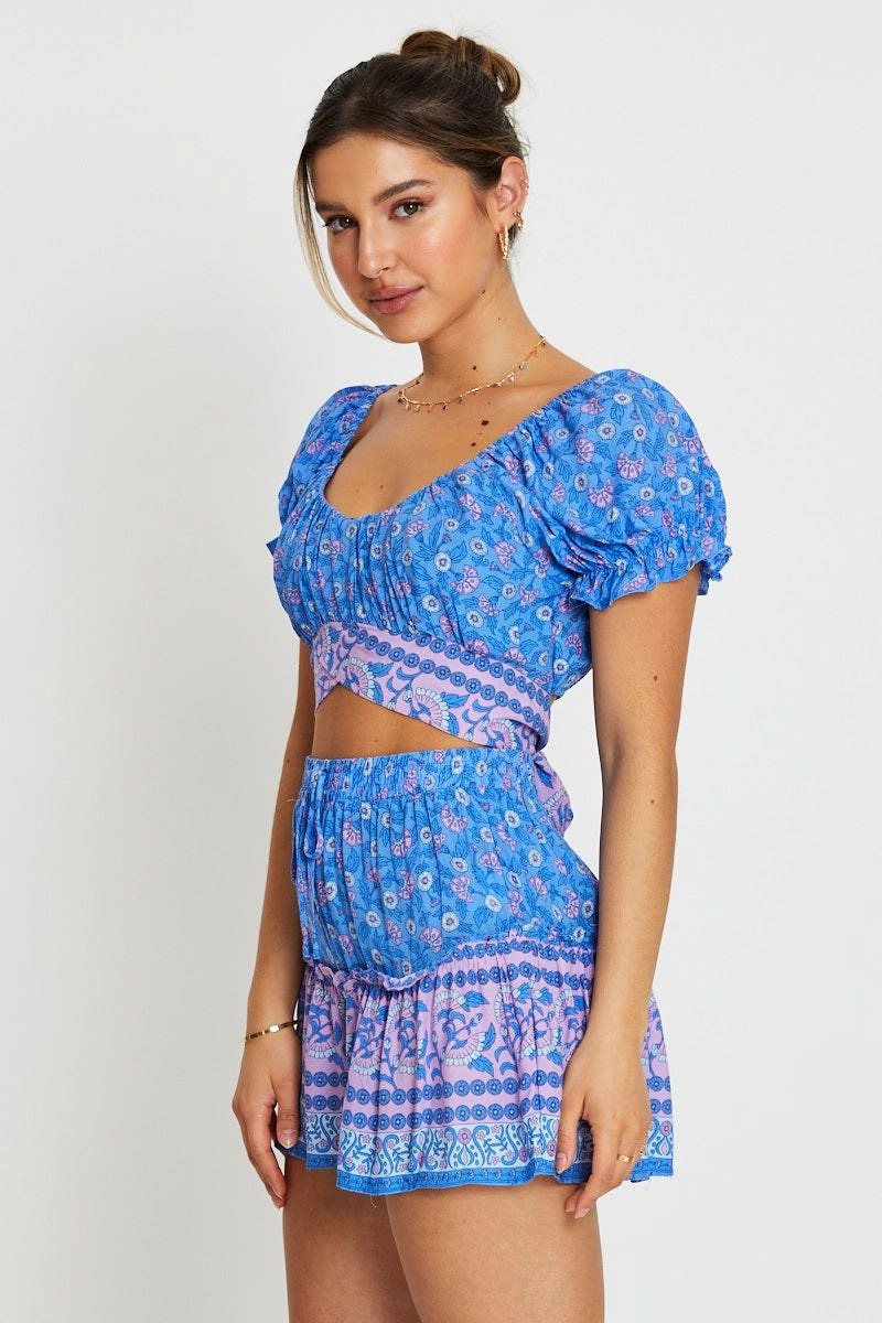 Boho Print Wrap Top Crop Tie Up