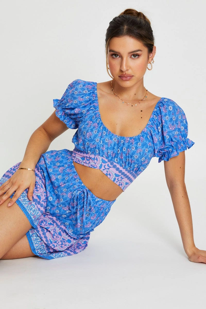Boho Print Wrap Top Crop Tie Up