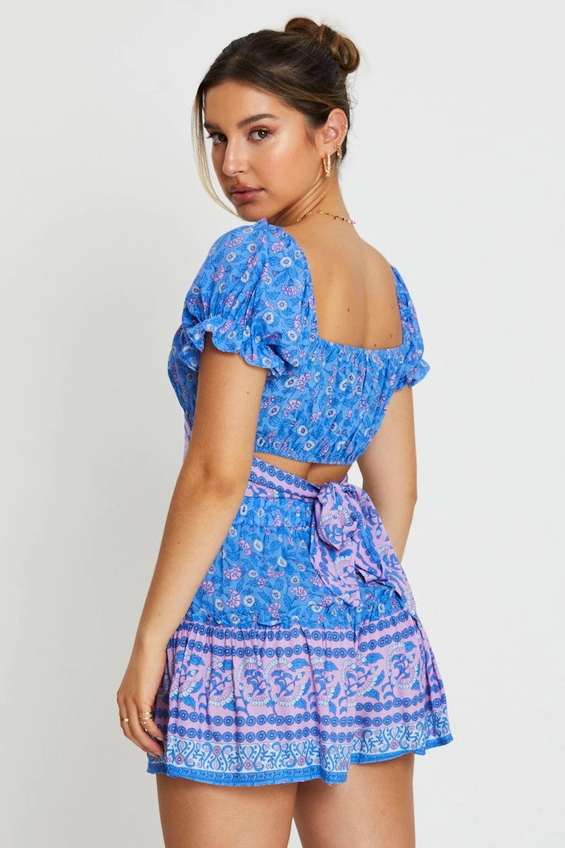 Boho Print Wrap Top Crop Tie Up