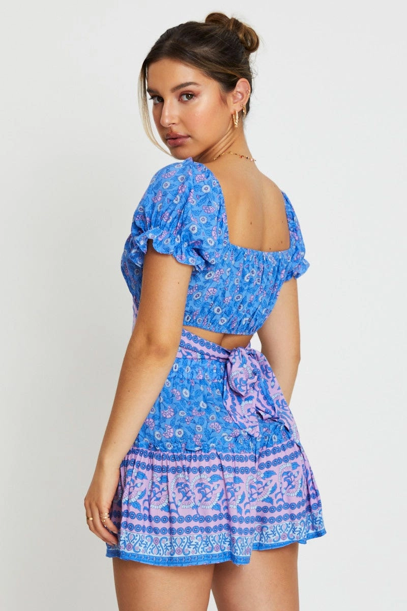 Boho Print Wrap Top Crop Tie Up