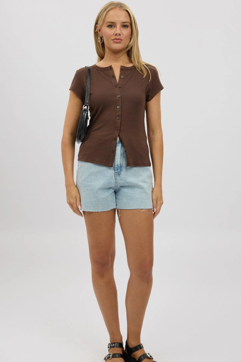 Brown Button Front Top Short Sleeve