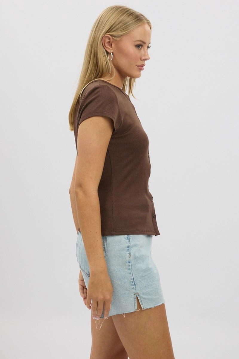Brown Button Front Top Short Sleeve