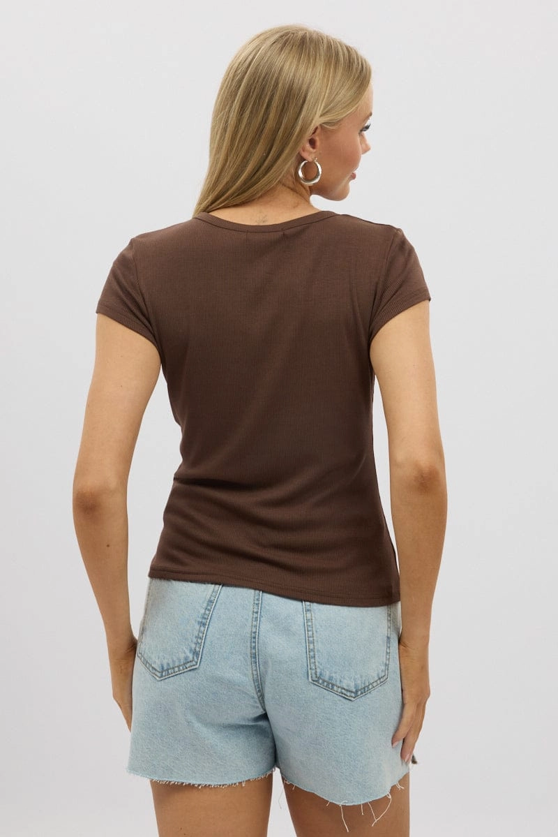 Brown Button Front Top Short Sleeve
