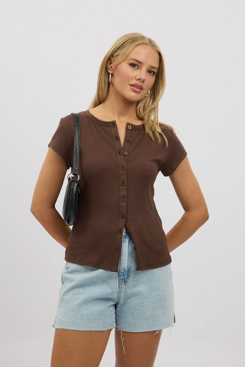 Brown Button Front Top Short Sleeve