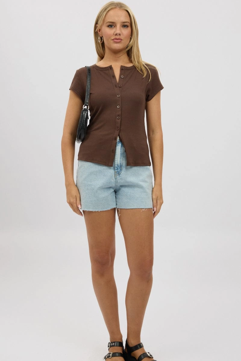 Brown Button Front Top Short Sleeve