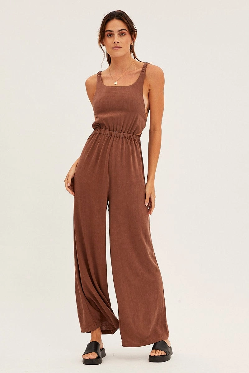 Brown Sleeveless Jumpsuit Wide Leg Viscose Linen