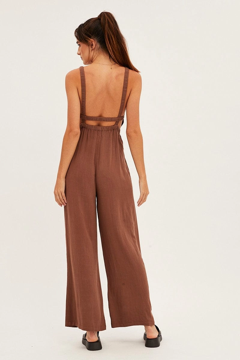 Brown Sleeveless Jumpsuit Wide Leg Viscose Linen