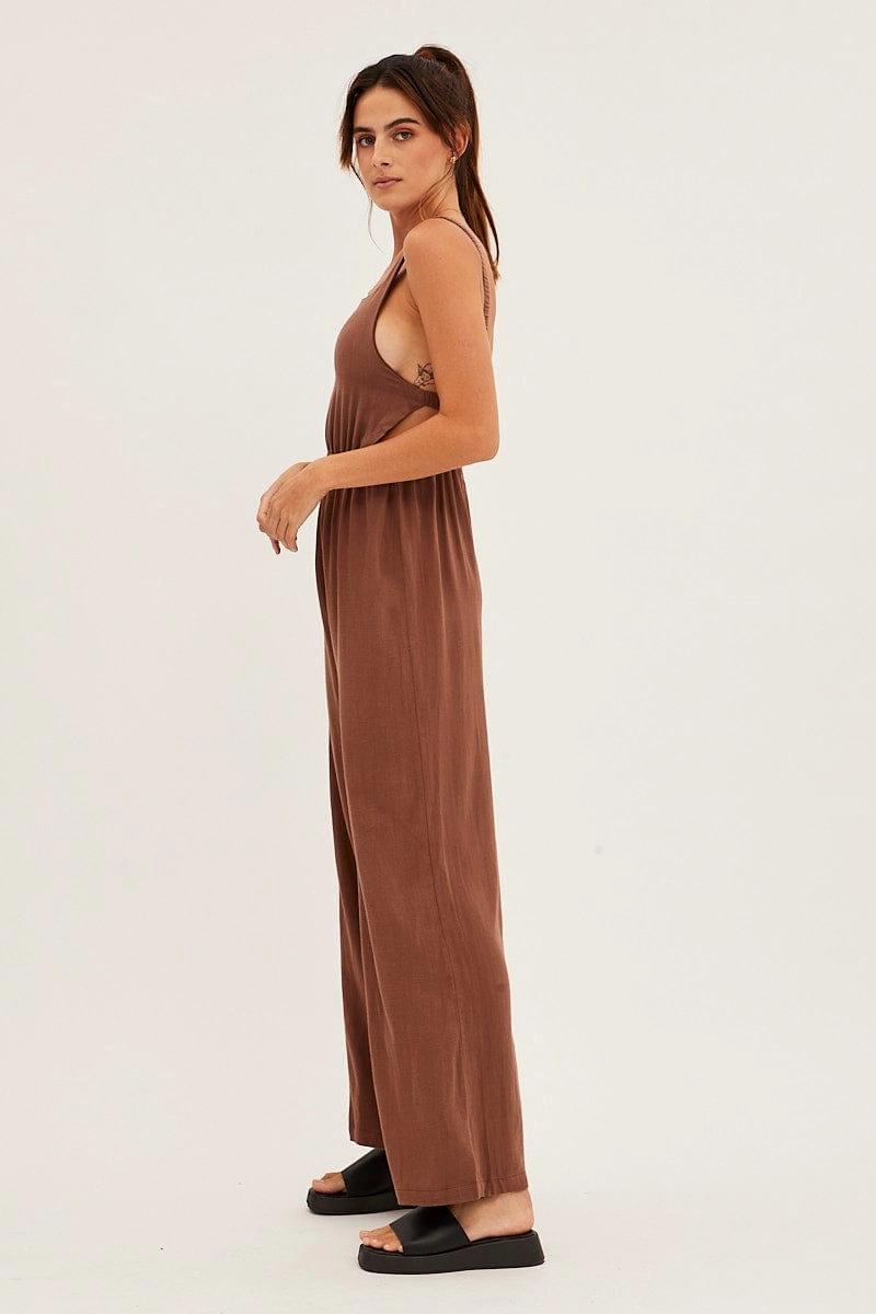 Brown Sleeveless Jumpsuit Wide Leg Viscose Linen