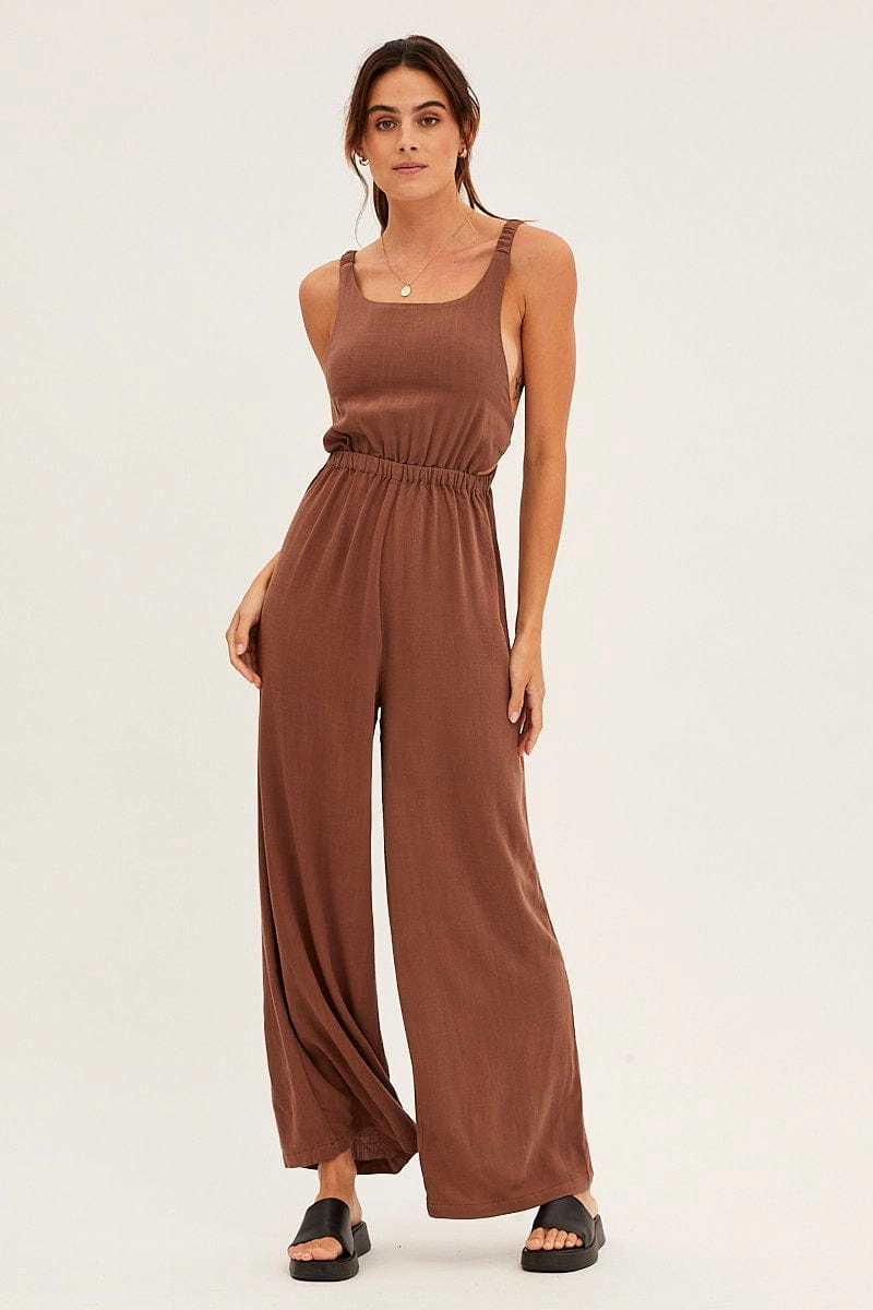 Brown Sleeveless Jumpsuit Wide Leg Viscose Linen