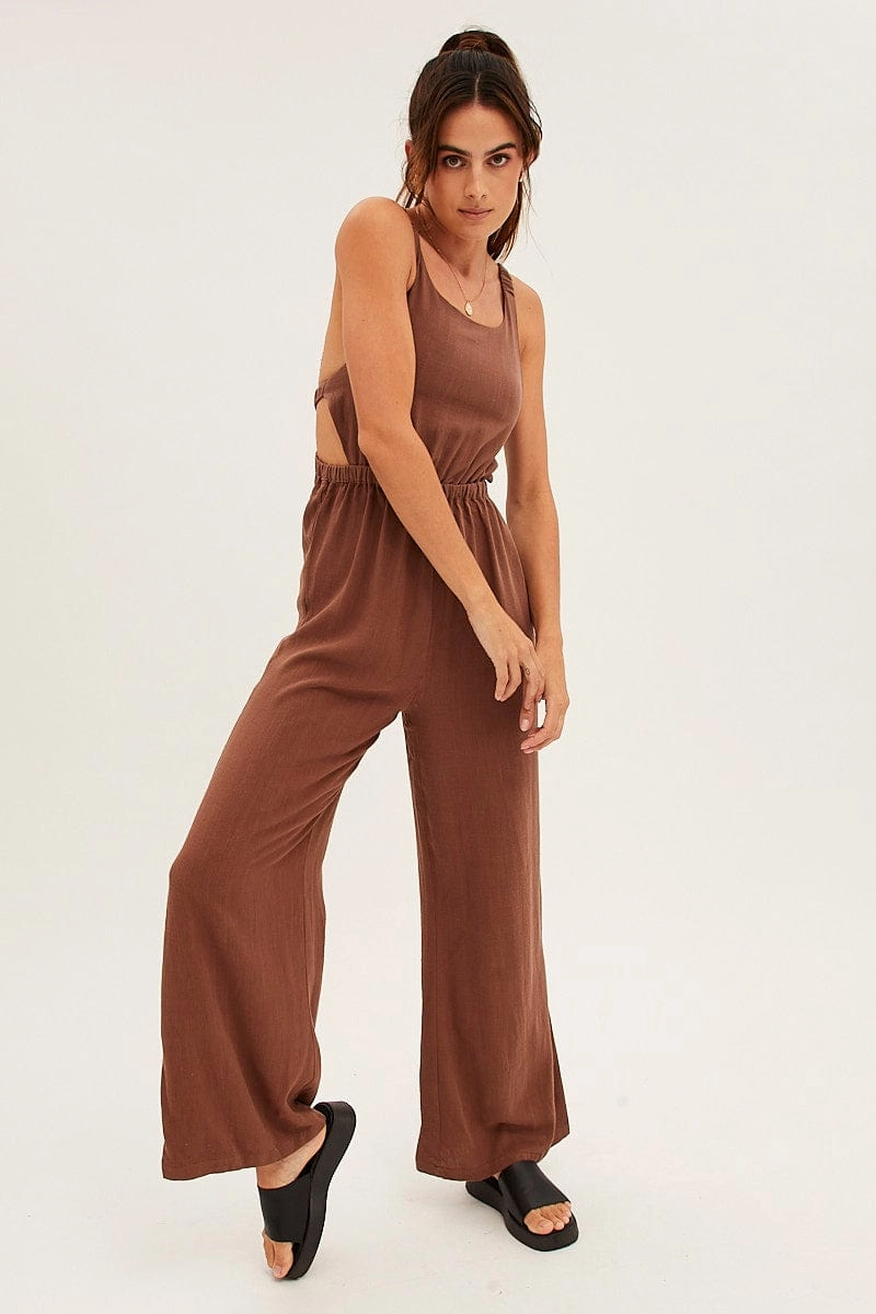 Brown Sleeveless Jumpsuit Wide Leg Viscose Linen