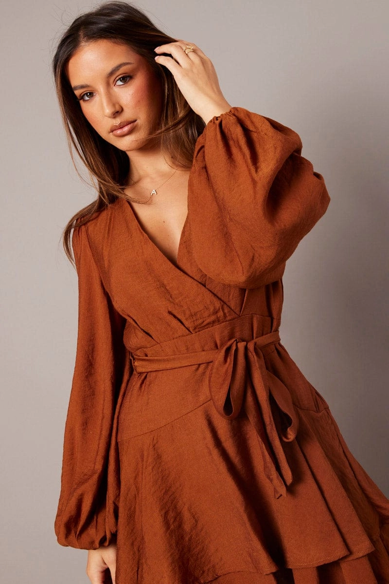 Brown Wrap Dress Mocha Satin Balloon Sleeve Dress
