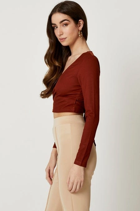 Brown Wrap Top Long Sleeve