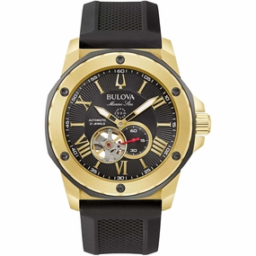 Bulova Men's Watch - Marine Star Automatic Black Dial Yellow Gold Case | 98A272