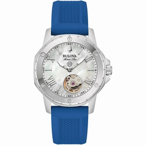 Bulova Men's Watch - Marine Star Automatic Open Heart Mop Dial Blue Strap | 96L324