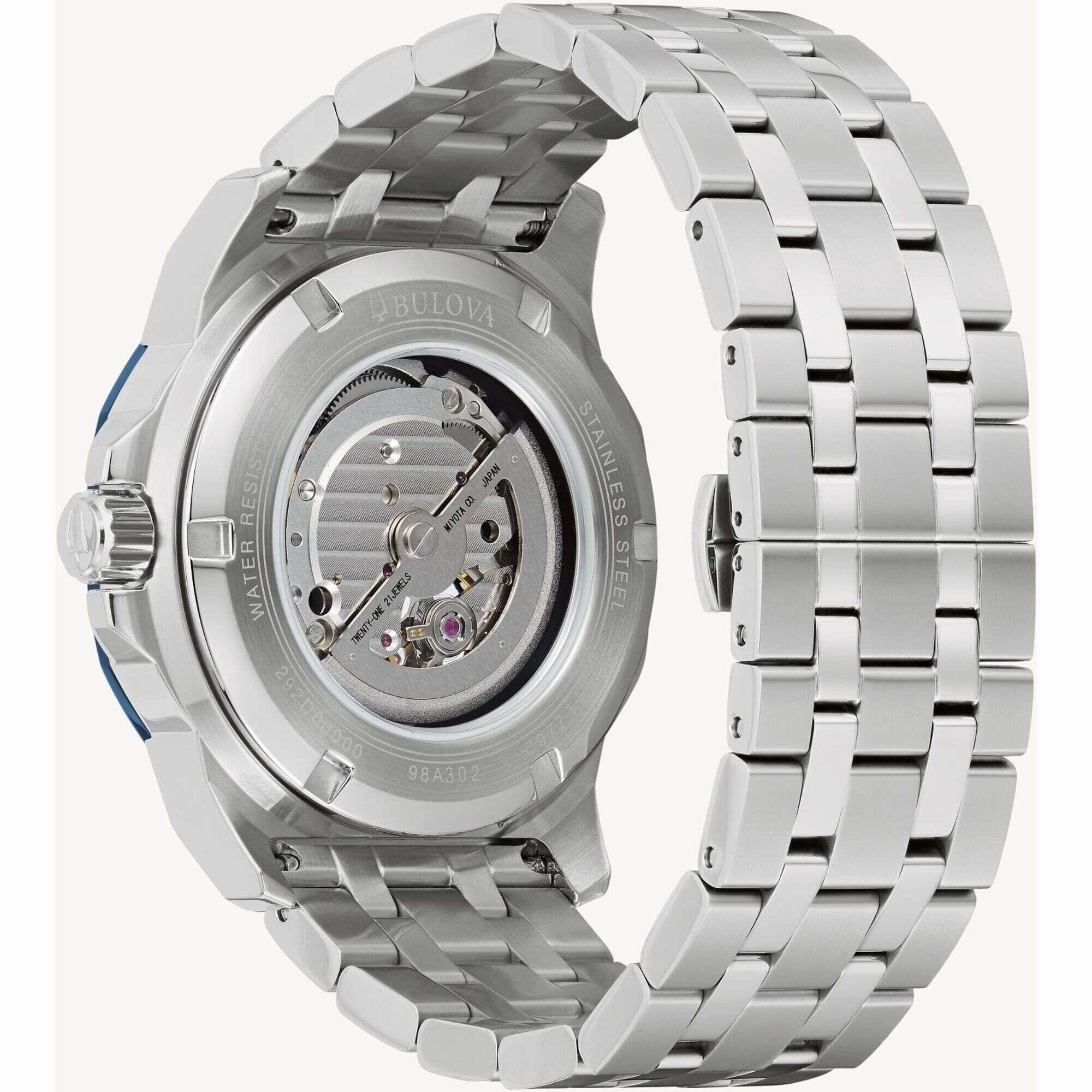 Bulova Men's Watch - Marine Star Open Heart Silver and Blue Dial Bracelet | 98A302
