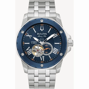 Bulova Men's Watch - Marine Star Open Heart Silver and Blue Dial Bracelet | 98A302