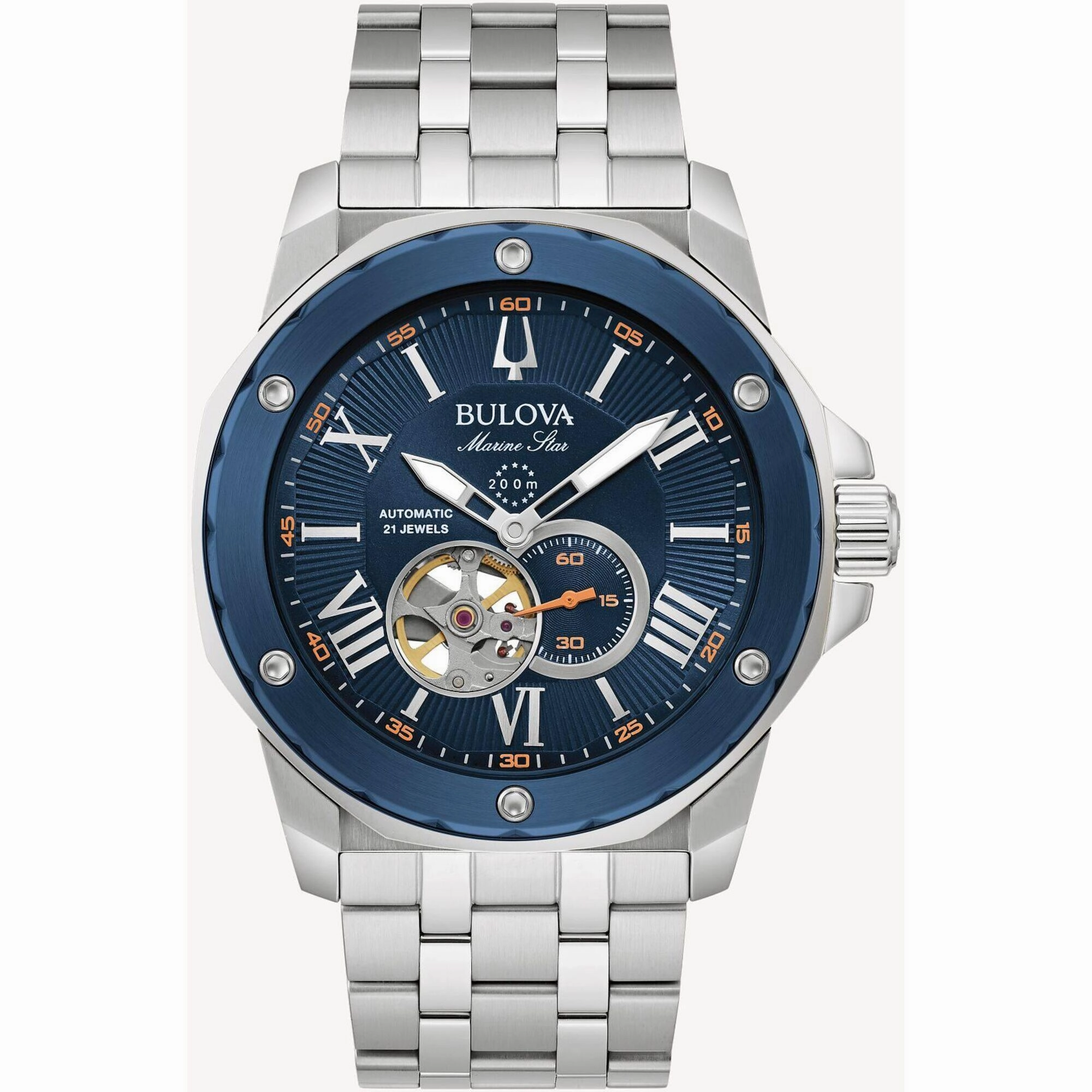 Bulova Men's Watch - Marine Star Open Heart Silver and Blue Dial Bracelet | 98A302