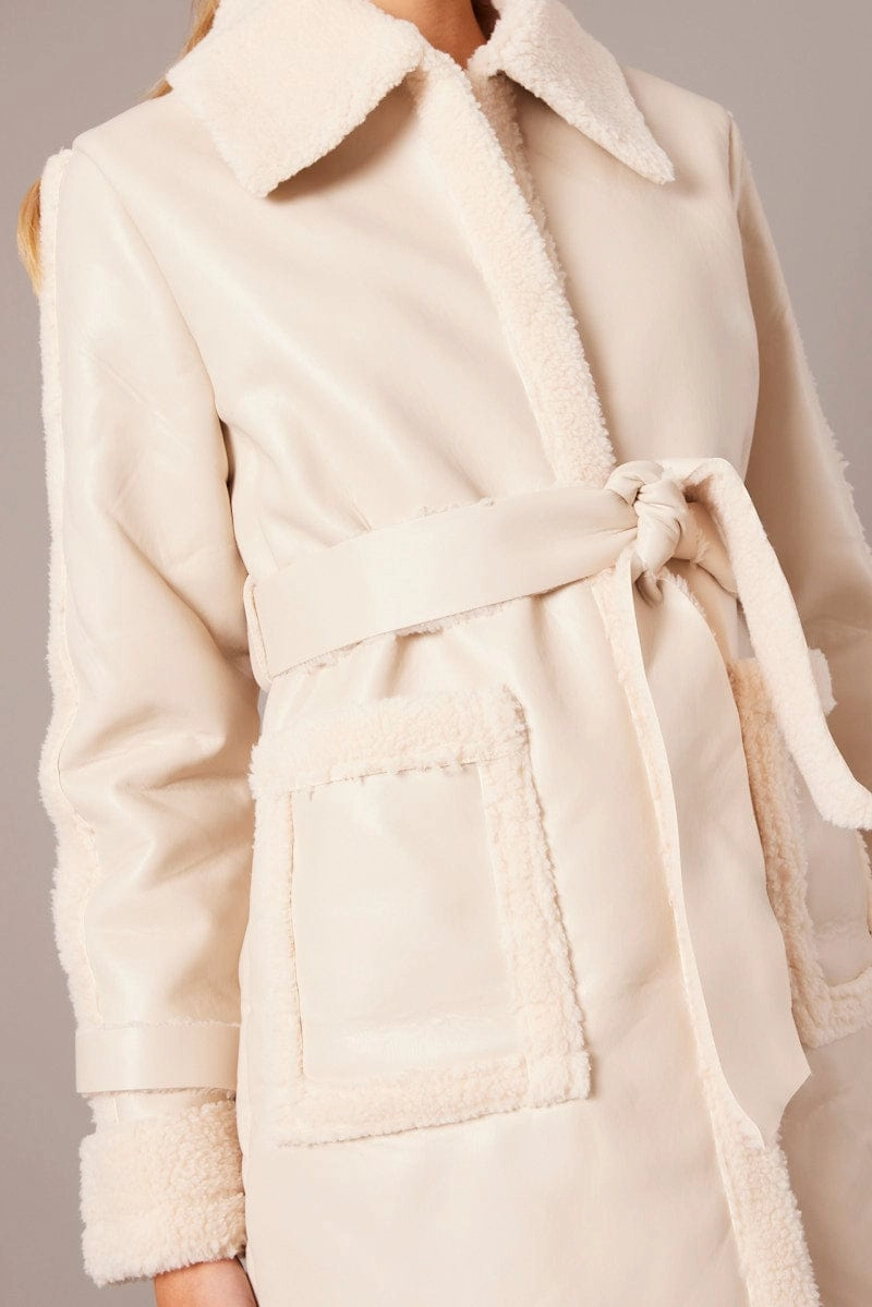 Camel Long Coat Shearling Lined Faux Leather