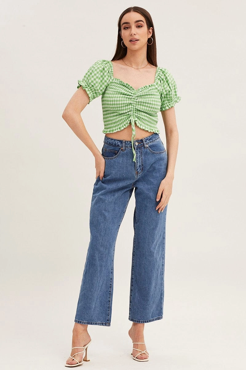 Check Crop Top Short Sleeve Ruched Front
