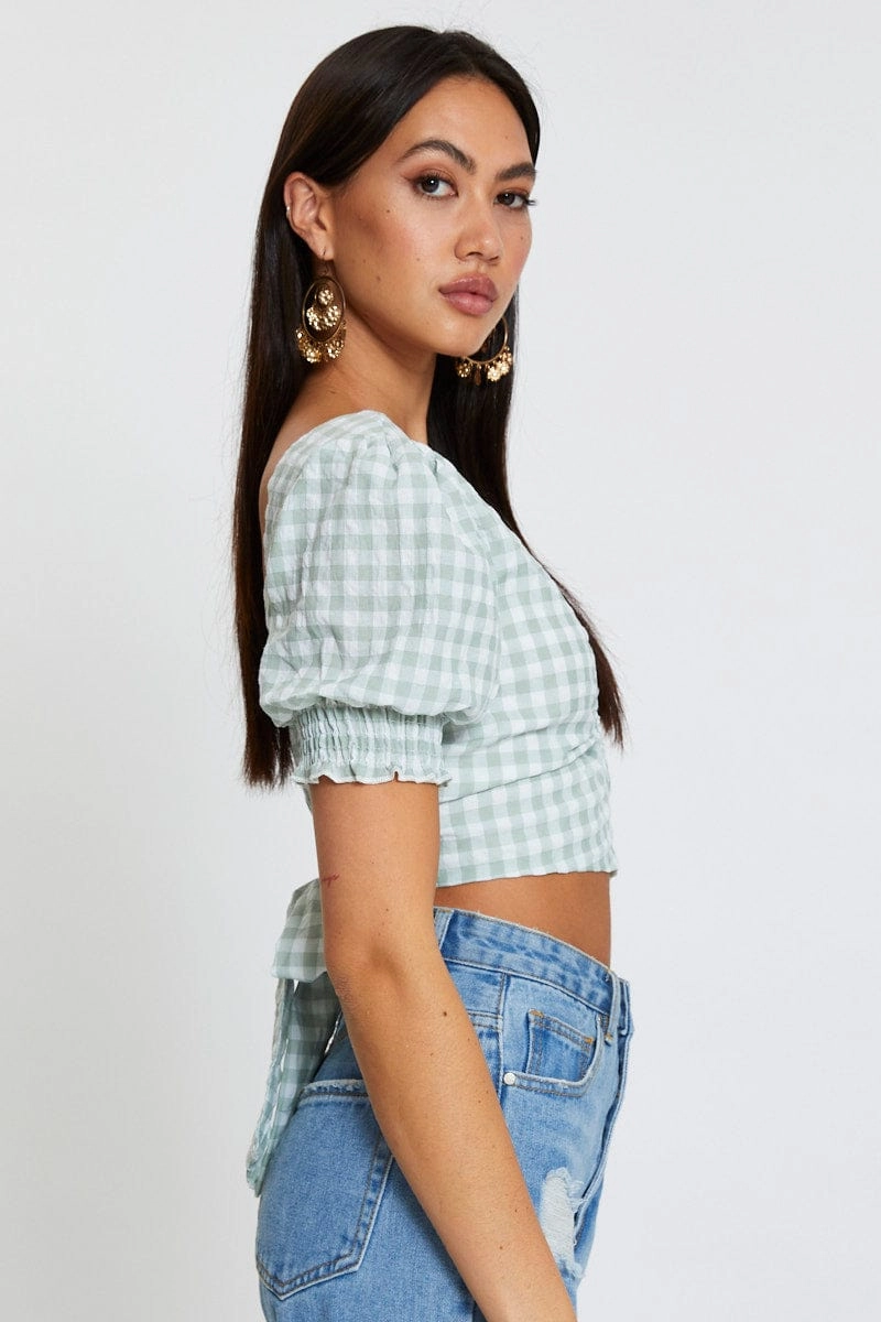 Check Crop Top Short Sleeve Square Neck