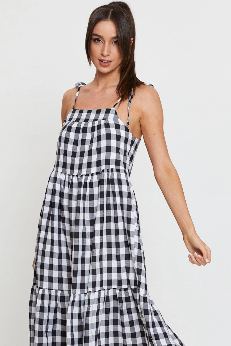 Check Midi Dress Sleeveless Tie Shoulder