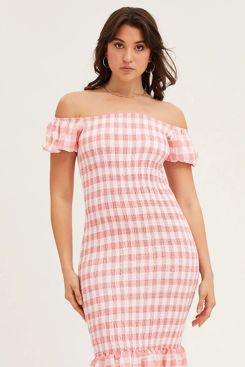Check Shirred Midi Dress