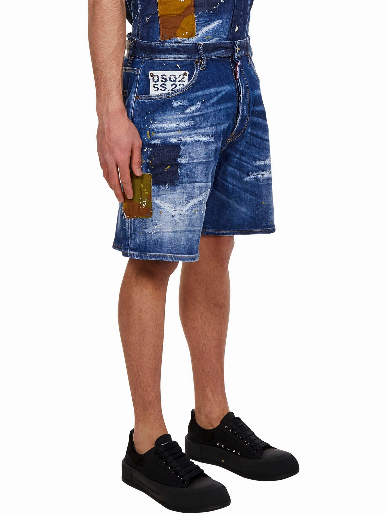Dsquared2 Distressed Logo Patch Denim Shorts