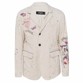 Dsquared2 Graffiti Printed Distressed Denim Blazer