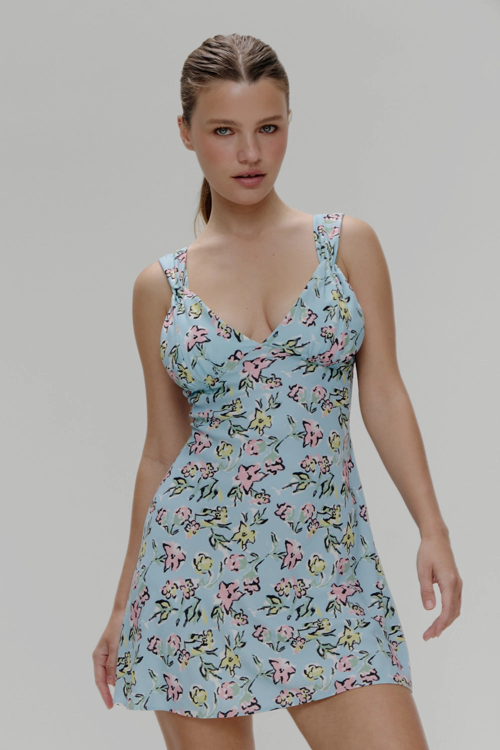 Emilia Satin Floral Mini Dress - Pastel Peony