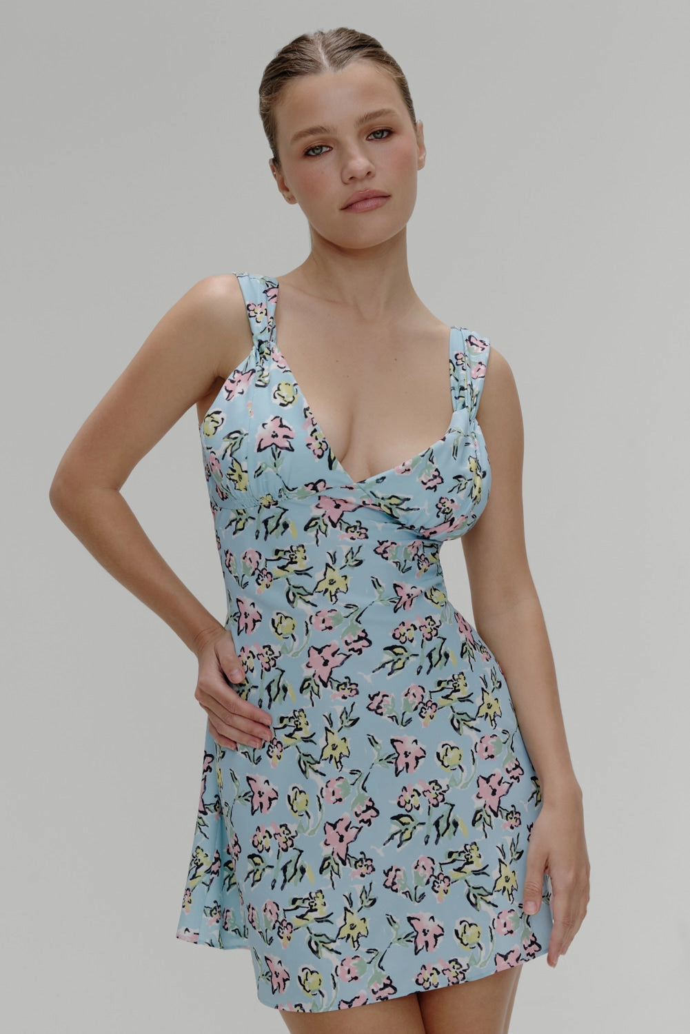 Emilia Satin Floral Mini Dress - Pastel Peony