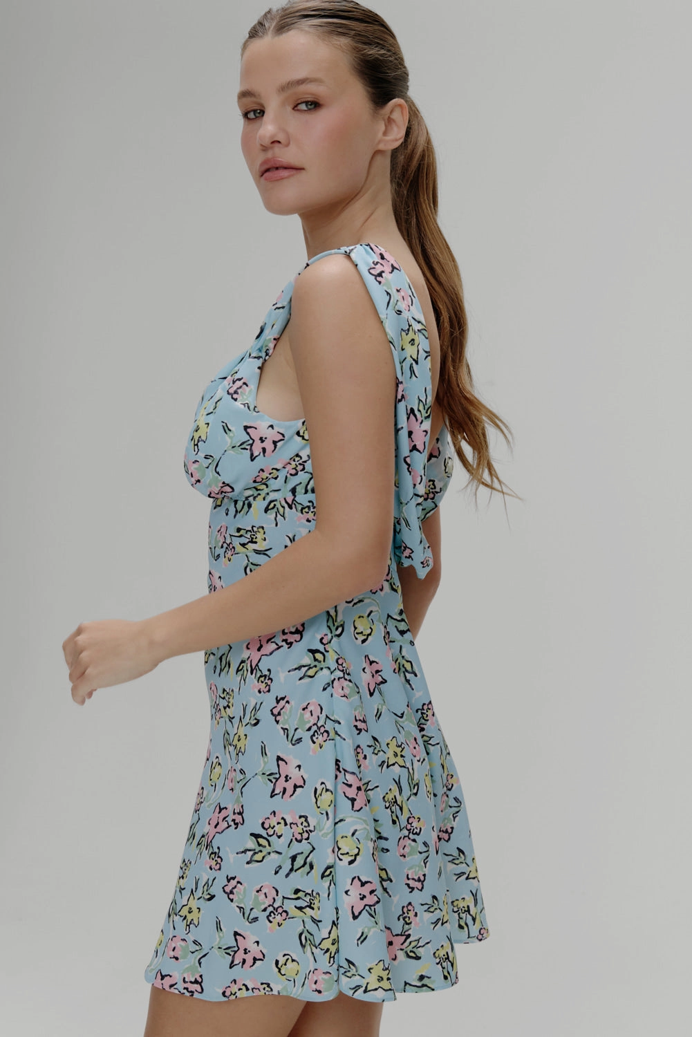 Emilia Satin Floral Mini Dress - Pastel Peony
