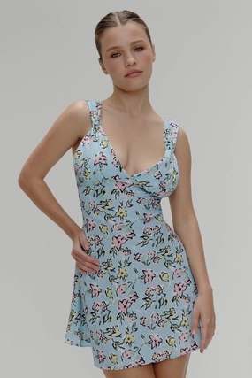 Emilia Satin Floral Mini Dress - Pastel Peony