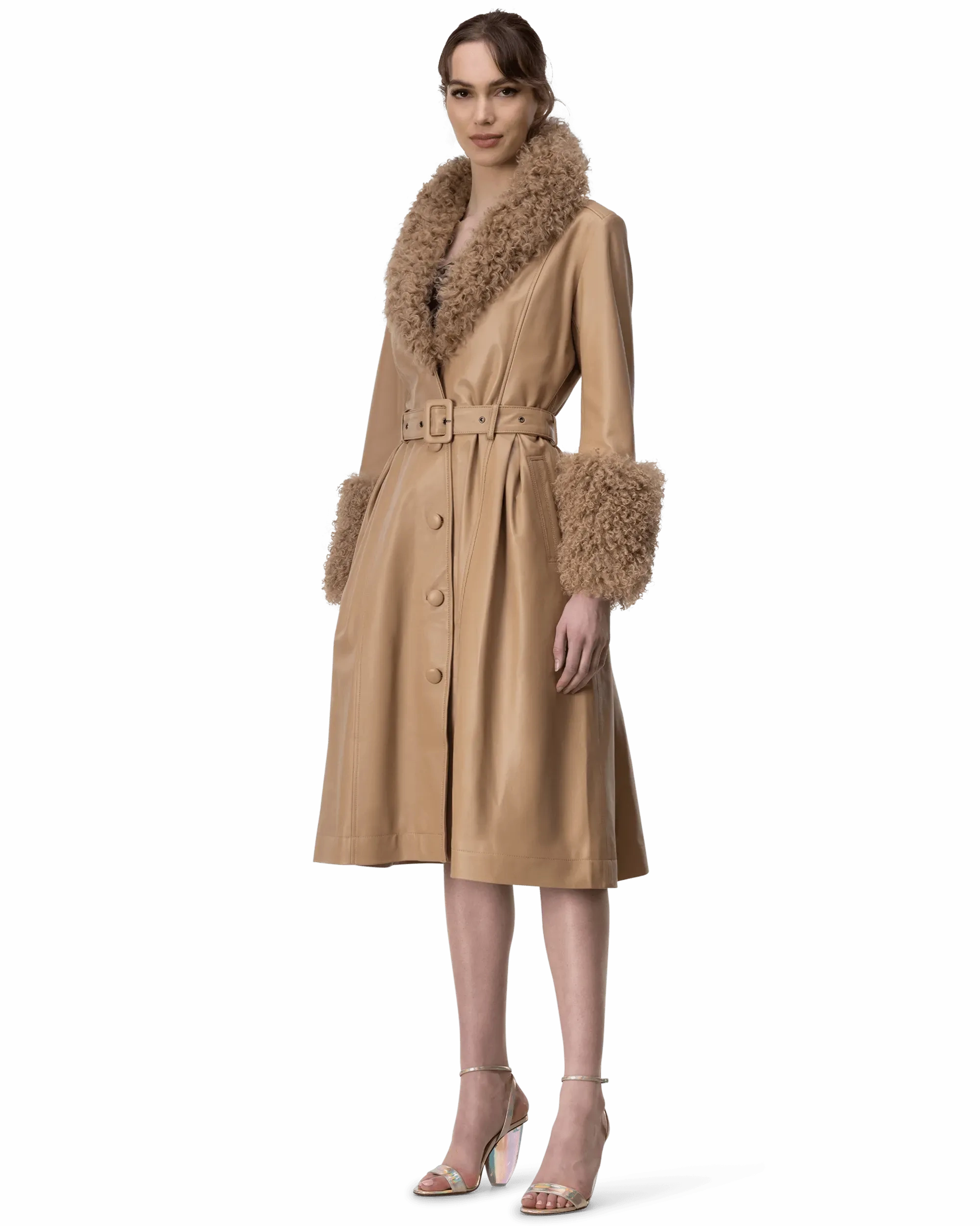 Foxy Shearling Brown Trim Leather Coat