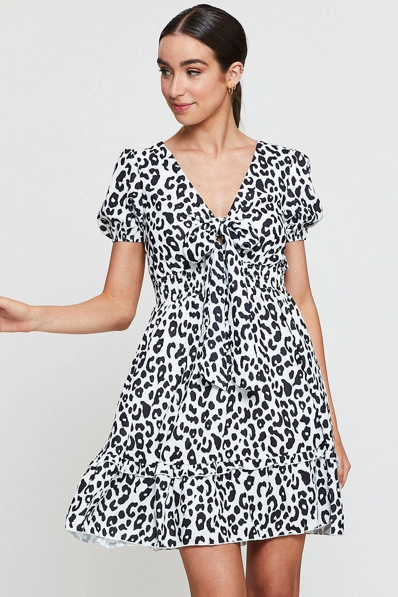 Geo Print Mini Dress Short Sleeve V Neck Tie