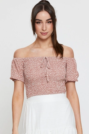 Geo Print Puff Sleeve Top Short Sleeve Crop Off Shoulder