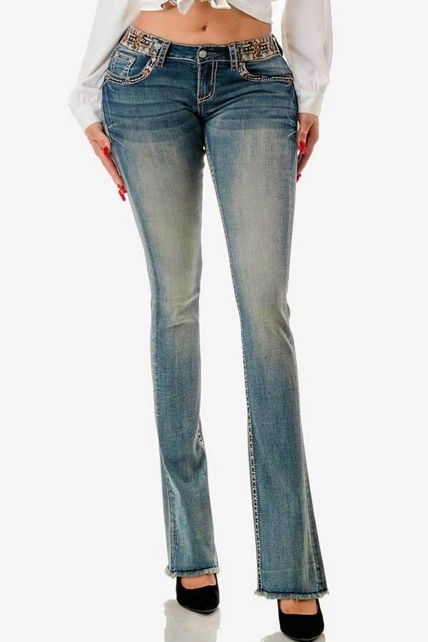 Grace In LA Cactus Quilt Embroidery Mid-Rise Bootcut EB-61828