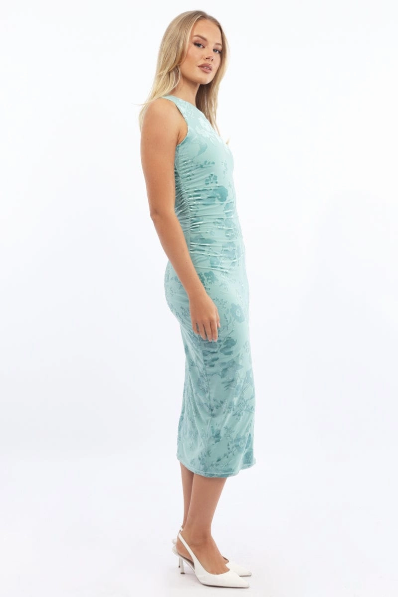 Green Bodycon Dress Round Neck Sleeveless Burnout