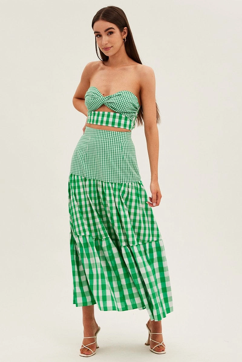 Green Check Bandeau Twist Front Sleeveless Crop