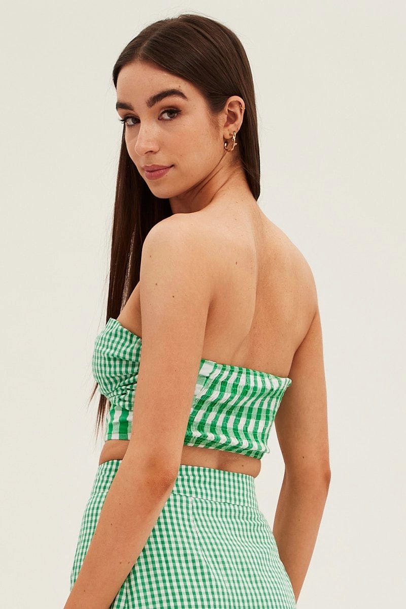 Green Check Bandeau Twist Front Sleeveless Crop